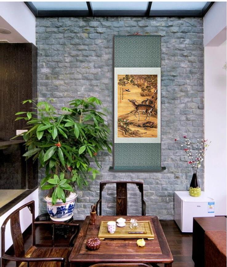 Chinese Scroll Painting Traditional Chinese Art Painting Home Office Decoration Chinese deer in the mountain painting