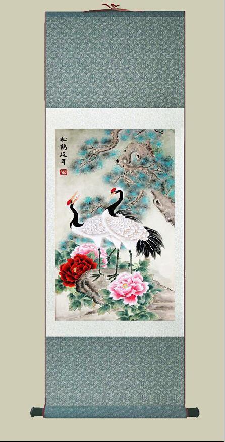 Chinese Scroll Painting Traditional Chinese Art Painting Home Office Decoration Chinese painting cranes with pine trees painting