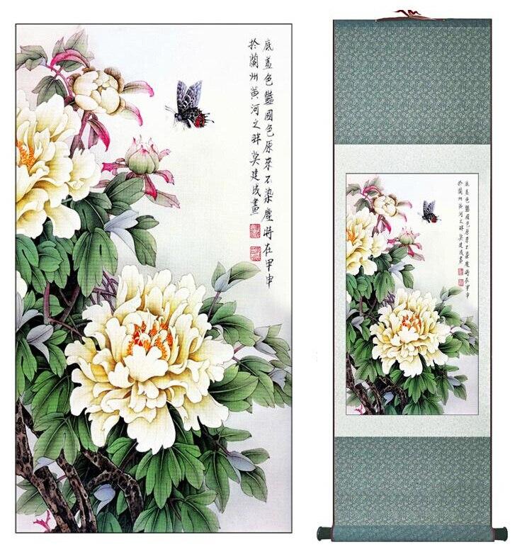 Chinese Scroll Painting Traditional Chinese Art Painting Home Office Decoration Chinese painting honeybee with Peony flower