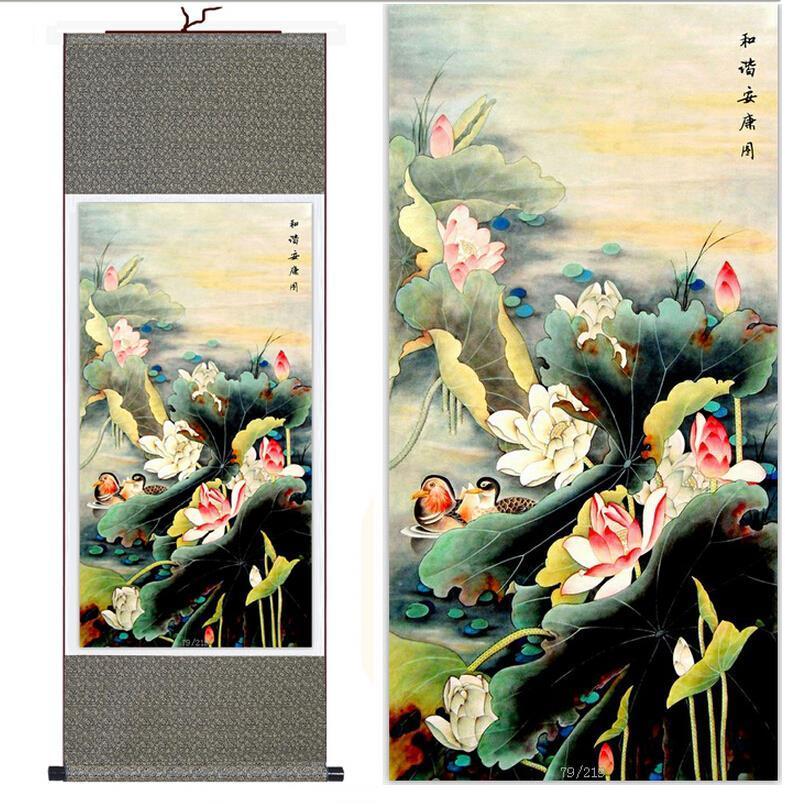 Chinese Scroll Painting Traditional silk art painting Mandarin Duck and Water Lily Chinese Art Painting Home Office Decoration Chinese painting