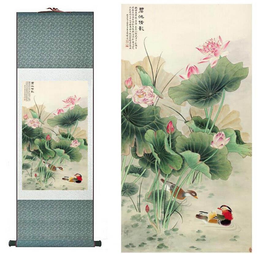 Chinese Scroll Painting Traditional silk art painting Mandarin Duck and water lily Chinese Art Painting Home Office Decoration Chinese painting