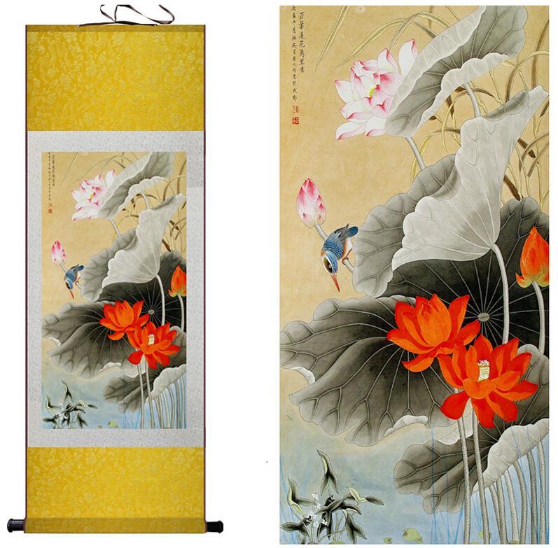 Chinese Scroll Painting Traditional silk art painting bird and water lily Chinese Art Painting Home Office Decoration Chinese painting