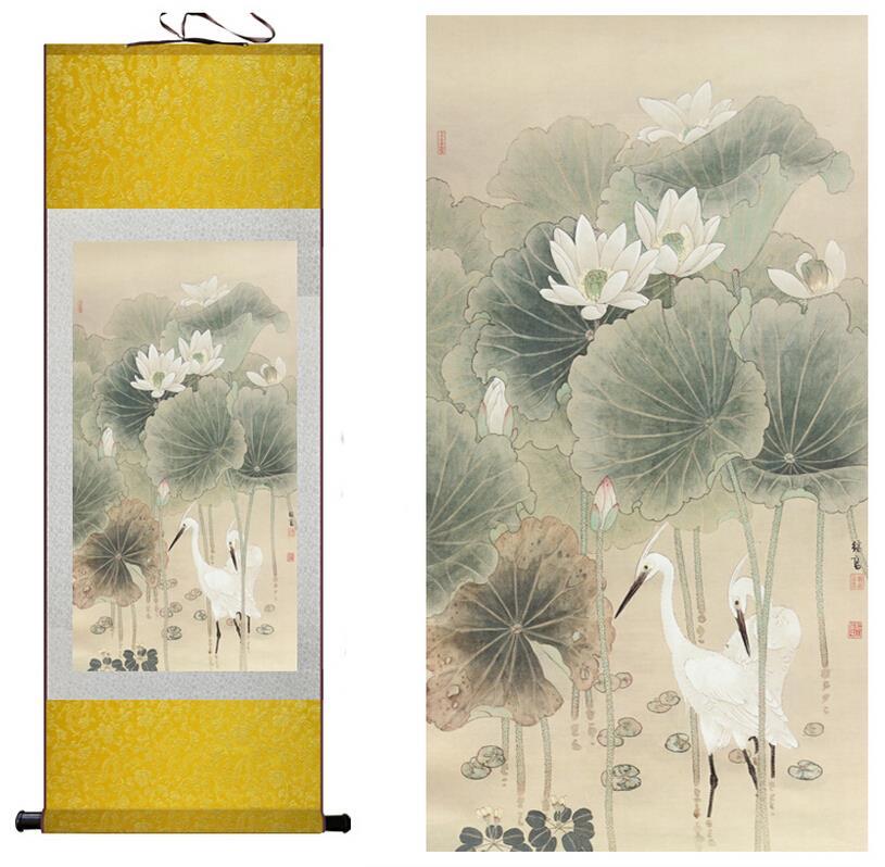 Chinese Scroll Painting Traditional silk art painting birds and Water lily Chinese Art Painting Home Office Decoration Chinese painting