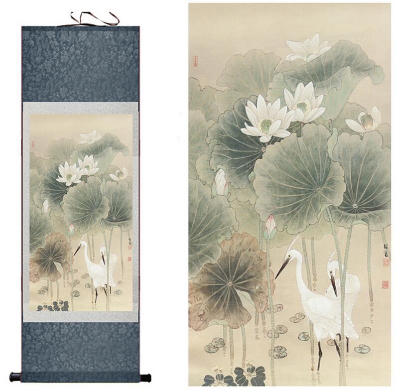 Chinese Scroll Painting Traditional silk art painting birds and Water lily Chinese Art Painting Home Office Decoration Chinese painting