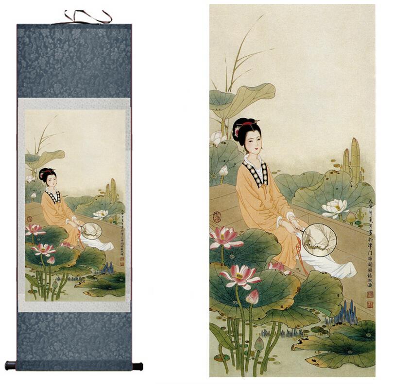 Chinese Scroll Painting Traditional silk art painting pretty woman beside water lily Chinese Art Painting Home Office Decoration Chinese painting