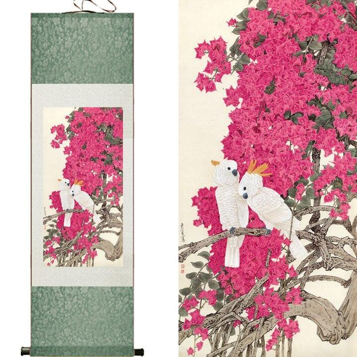 Chinese Scroll Painting White birds and Pink beautifull flowers traditional Chinese Art Painting Home Office Decoration Chinese painting
