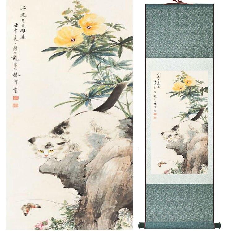 Chinese Scroll Painting YanBolong Cat catch butterfly painting home office decoration painting living room painting
