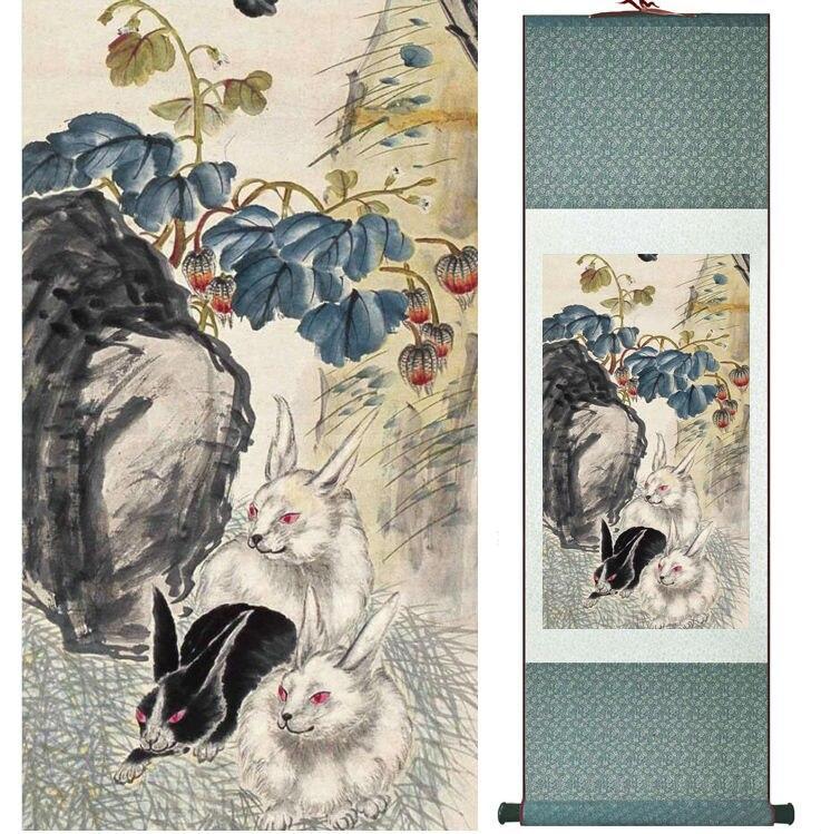 Chinese Scroll Painting YanBolong Rabbits painting home office decoration painting living room painting