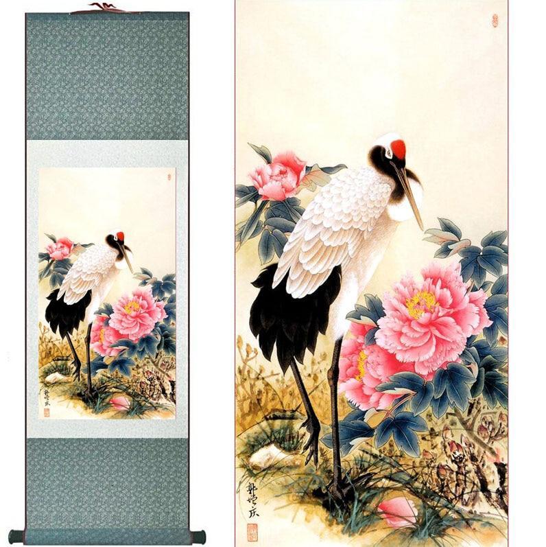 Chinese Scroll Painting crane and Red flowers Painting Home Office Decoration Chinese scroll painting birds painting flower painting