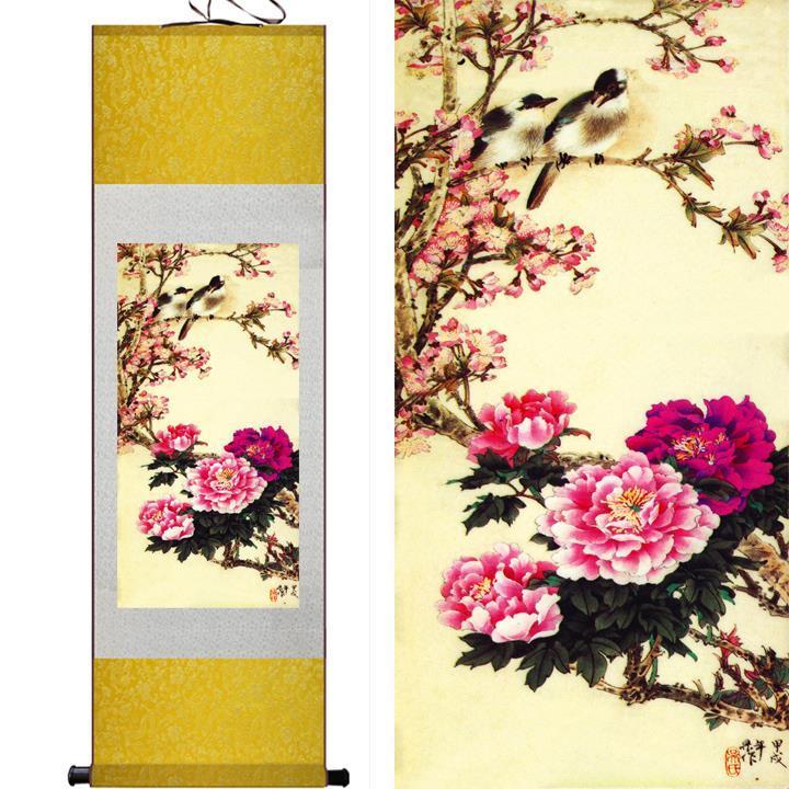 Chinese Scroll Painting flower and bird painting peony flowers painting scroll painting Chinese traditional art painting