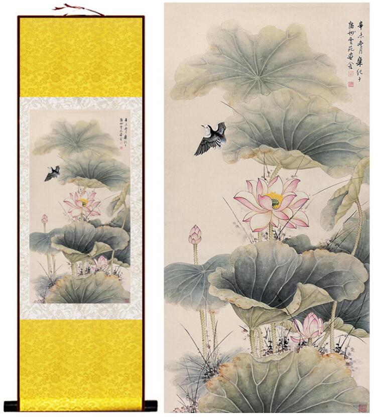 Chinese Scroll Painting lotus flower and birds Traditional Chinese Art Painting Chinese ink painting Flower picture painting