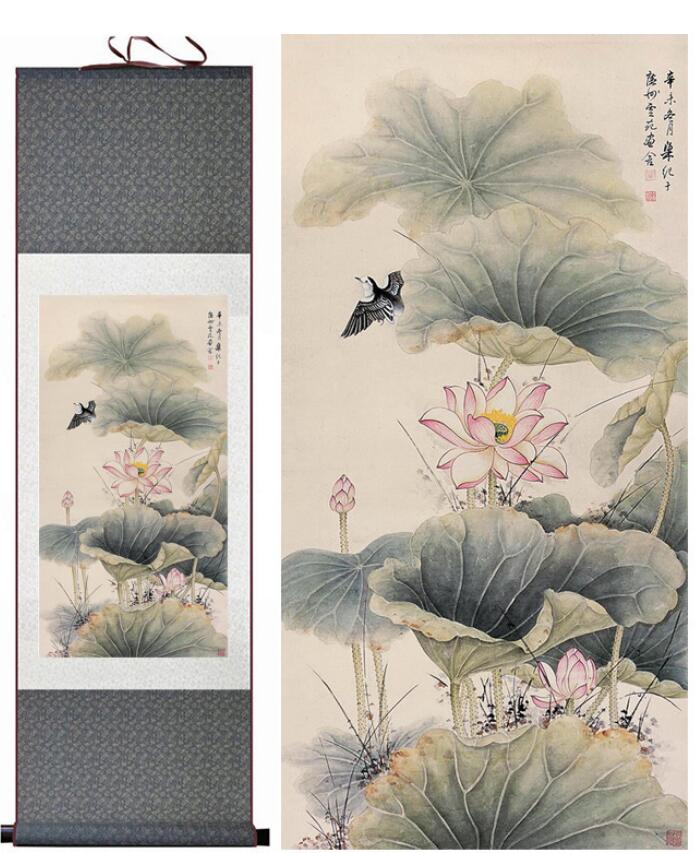 Chinese Scroll Painting lotus flower and birds Traditional Chinese Art Painting Chinese ink painting Flower picture painting