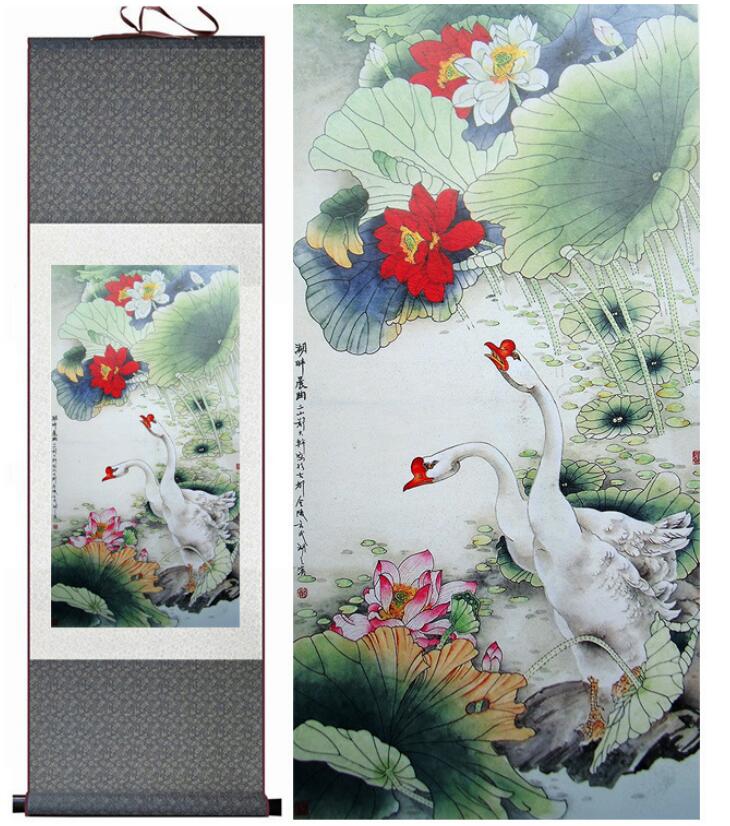 Chinese Scroll Painting lotus flower and goose Traditional Chinese Art Painting Chinese ink painting Flower picture painting