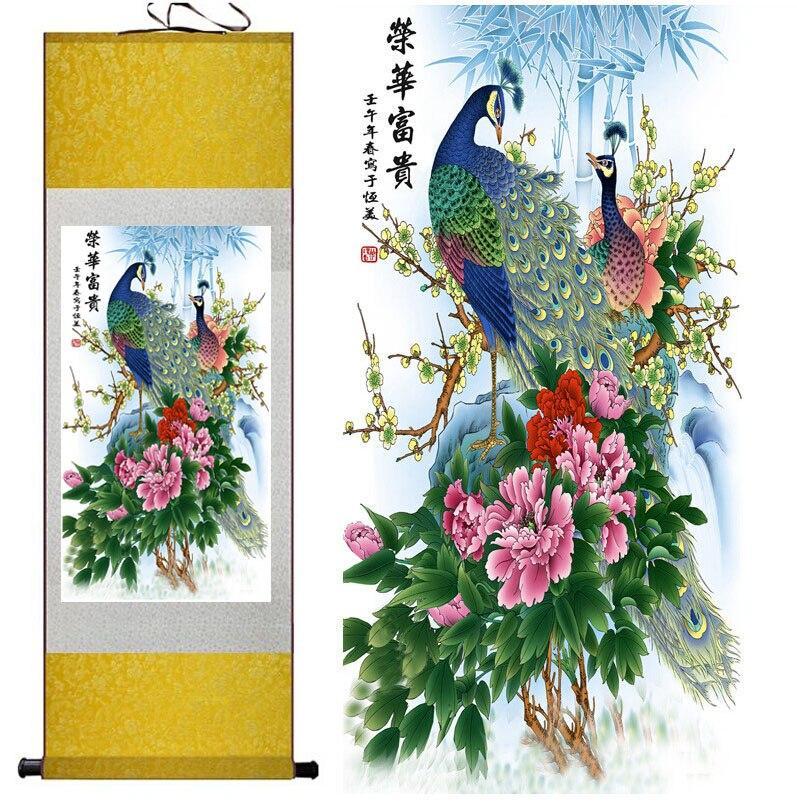 Chinese Scroll Painting peacock painting Home Office Decoration Chinese scroll painting Peacock with flowers paintings