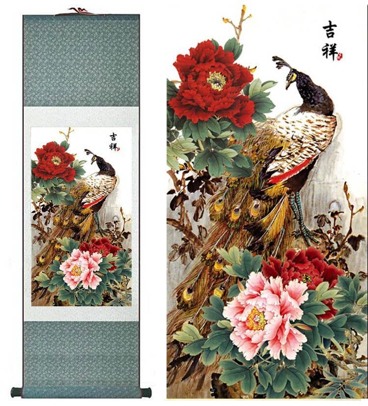 Chinese Scroll Painting peacock silk painting Chinese traditional silk art painting flower paintings living room art painting