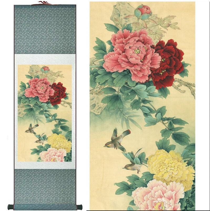 Chinese Scroll Painting peony Painting Home Office Decoration Chinese scroll painting birds painting peony and birds paintings painting