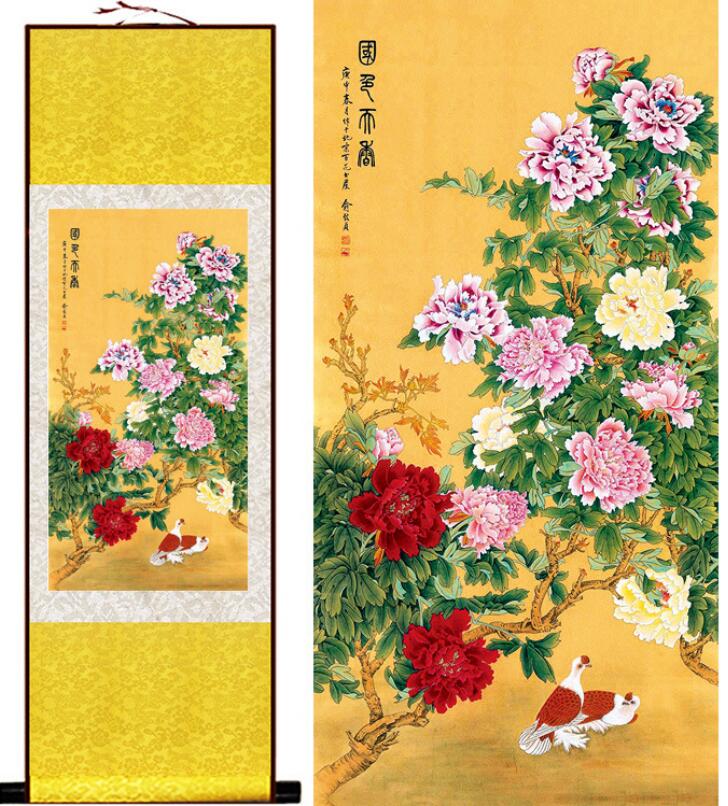 Chinese Scroll Painting peony flower painting Chinese scroll painting birds and Peony flower painting