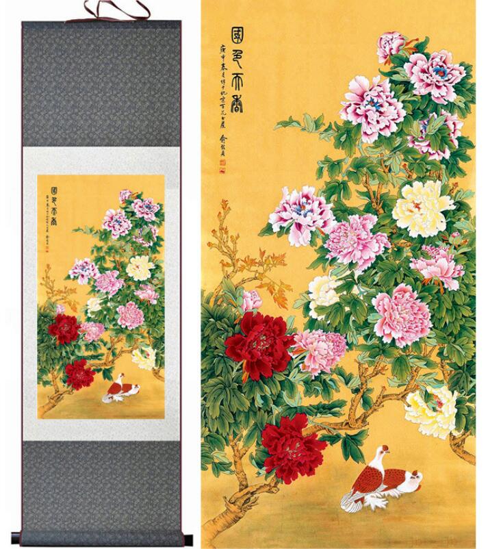 Chinese Scroll Painting peony flower painting Chinese scroll painting birds and Peony flower painting