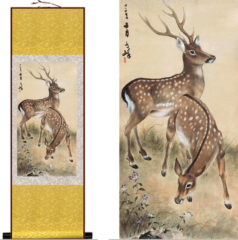 Chinese Scroll Painting sika deer painting traditional Chinese Art Painting Home Office Decoration Chinese painting deer