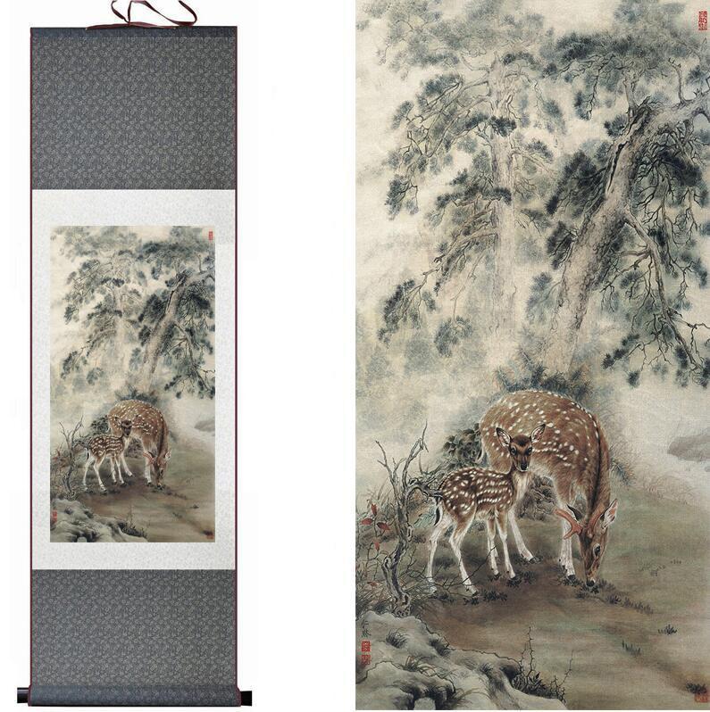 Chinese Scroll Painting sika deer painting traditional Chinese Art Painting Home Office Decoration Chinese painting deer painging