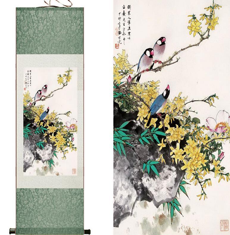 Chinese Scroll Painting silk painting Art painting birds and flowers traditional Chinese Art Painting Home Office Decoration Chinese painting
