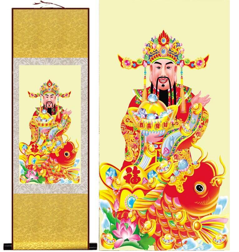 Chinese Scroll Painting the god of wealth painting Mammon silk scroll painting Chinese traditional mammon painting Chinese mammon
