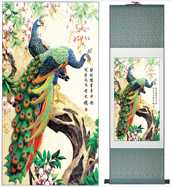 Chinese Scroll Painting traditional Chinese Art Painting Home Office Decoration Chinese painting peacock painting