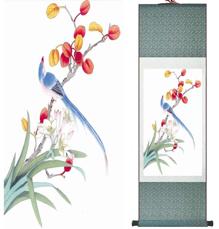 Chinese ink painting Traditional Birds and flower Painting Spring Ink wash painting silk scroll birds and flower painting