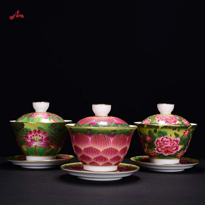 Enamel Tea Cup Chinese Jingdezhen Ceramic Gaiwan Cup And Saucer For Kungfu Tea Set