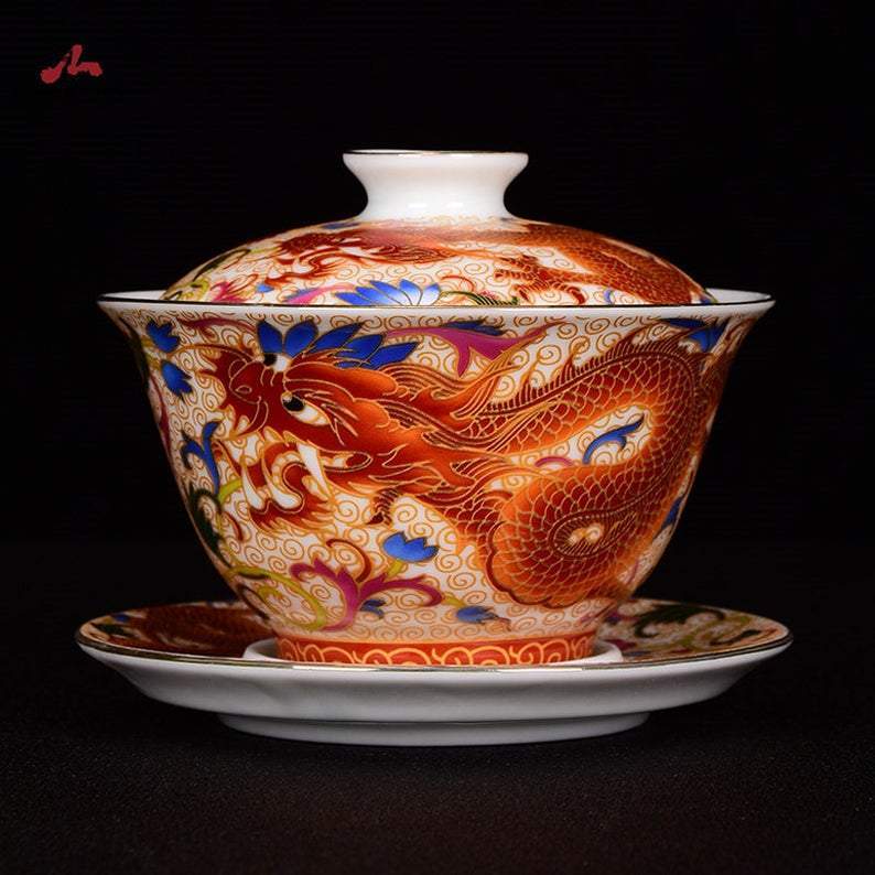 Hand-painted Enamel Tea Cup 150ml Chinese Jingdezhen Ceramic Dragon Phoenix Gaiwan Cup