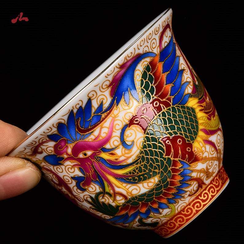 Hand-painted Enamel Tea Cup 50ml Chinese Jingdezhen Ceramic Dragon Phoenix 6pcs Cup