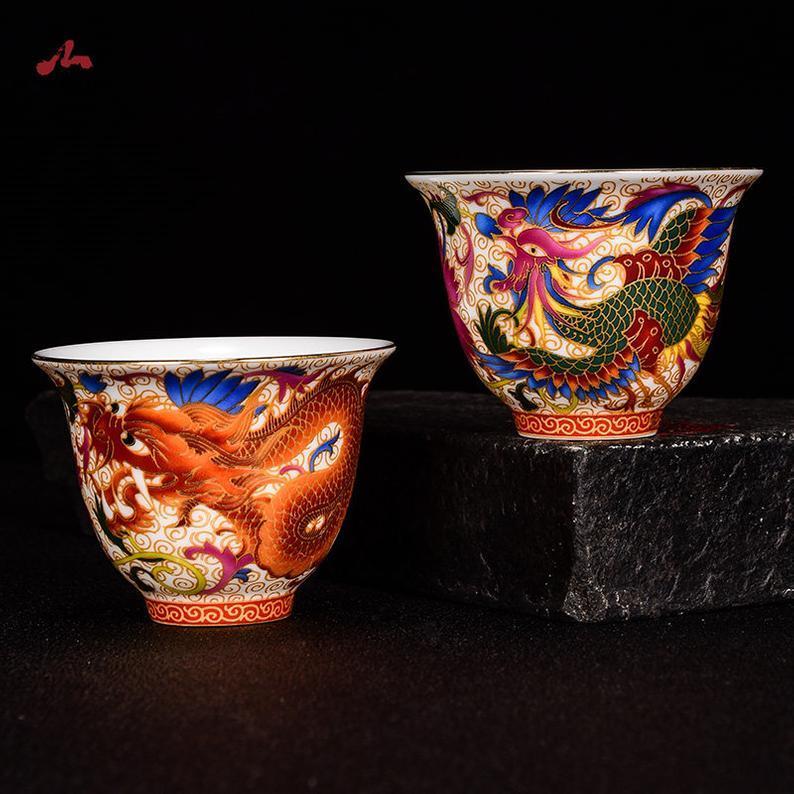 Hand-painted Enamel Tea Cup 50ml Chinese Jingdezhen Ceramic Dragon Phoenix 6pcs Cup