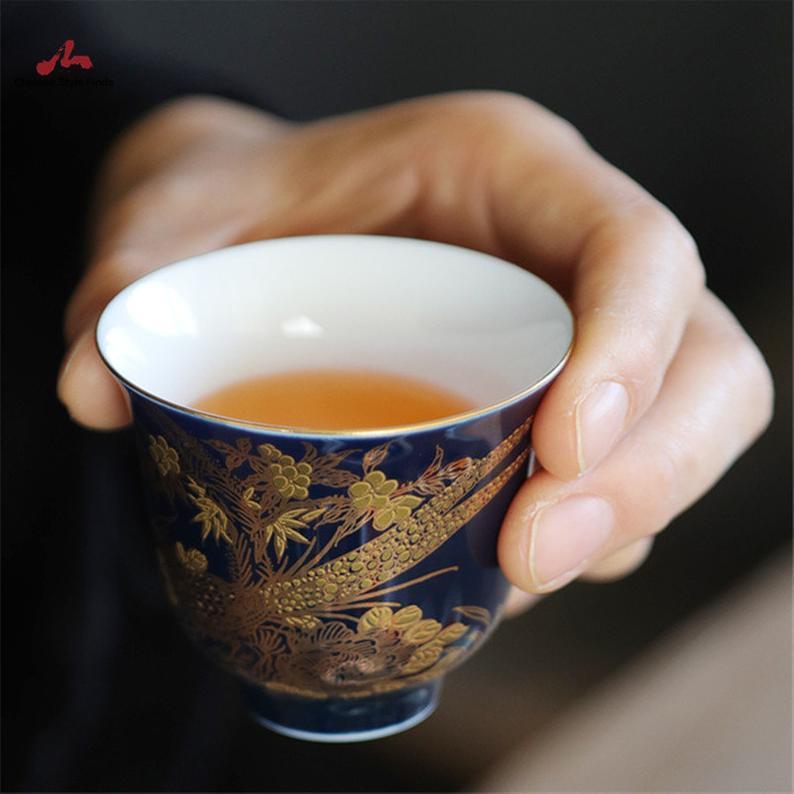 Hand-painted Enamel Tea Cup 70ml Chinese Jingdezhen Ceramic 3pcs Blue Painting Tea Cup