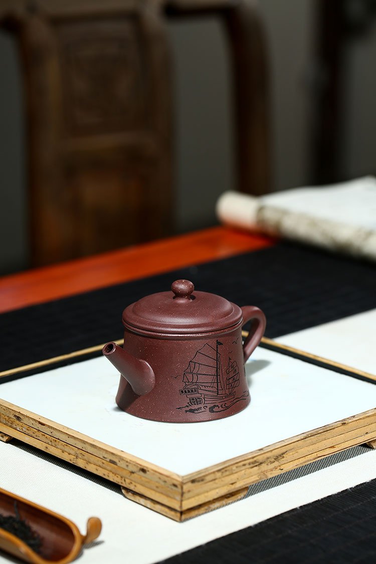 Handmade Yixing Teapot 130cc Purple Clay Zisha Pot Carving Good Luck Tea Pot