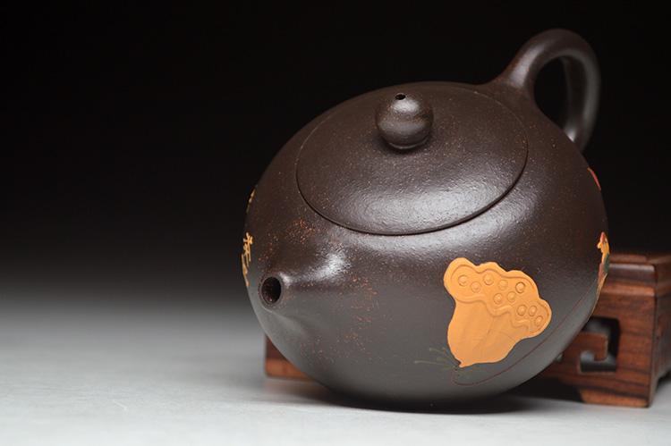 Handmade Yixing Teapot 150cc Purple Clay Zisha Pot Lotus Painting Black Clay