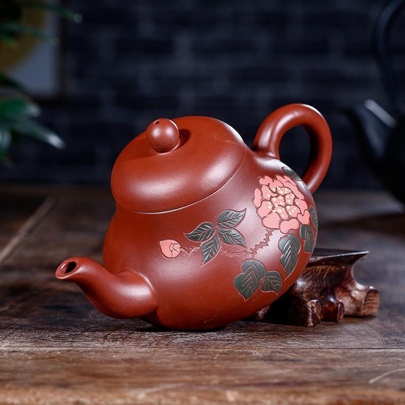 Handmade Yixing Teapot 170cc Purple Clay Zisha Pot Peony Painting Red Clay