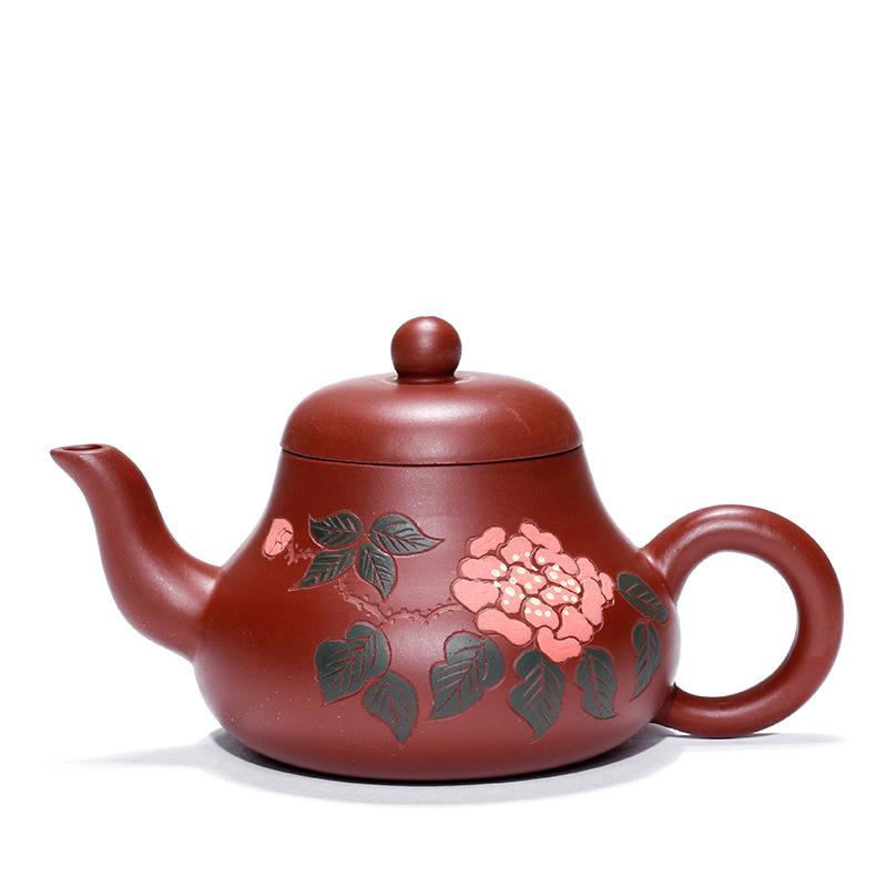 Handmade Yixing Teapot 170cc Purple Clay Zisha Pot Peony Painting Red Clay