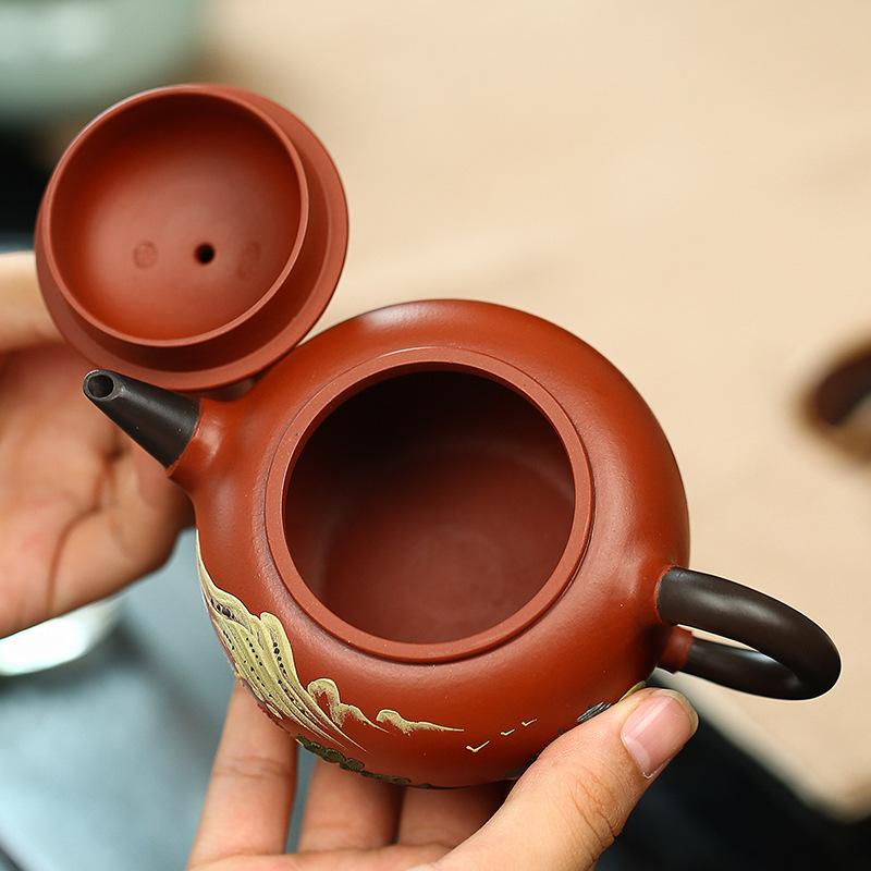 Handmade Yixing Teapot 240cc Purple Clay Zisha Pot Moutain Paitting Tea Pot