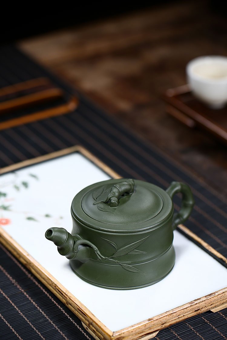 Handmade Yixing Teapot 260cc Purple Clay Zisha Pot Bamboo Green Clay Tea Pot