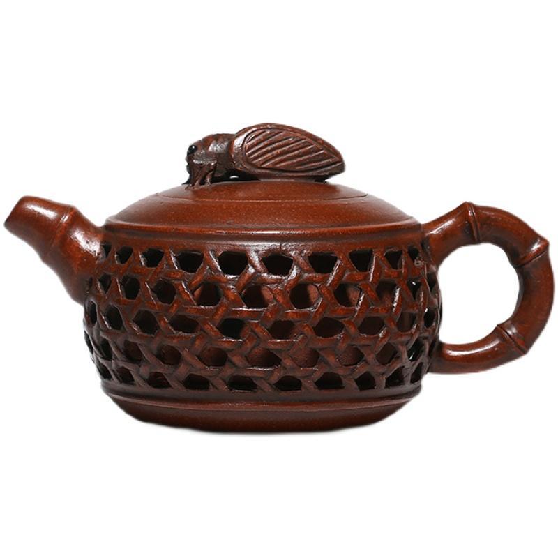 Handmade Yixing Teapot 300cc Purple Clay Zisha Pot Red Clay Bamboo Good Luck Tea Pot