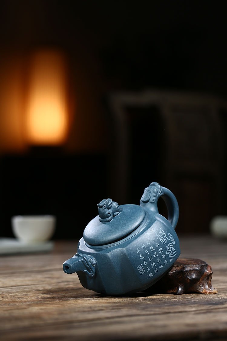 Handmade Yixing Teapot 300cc Purple Clay Zisha Pot Square Dragon Tea Pot Blue Clay