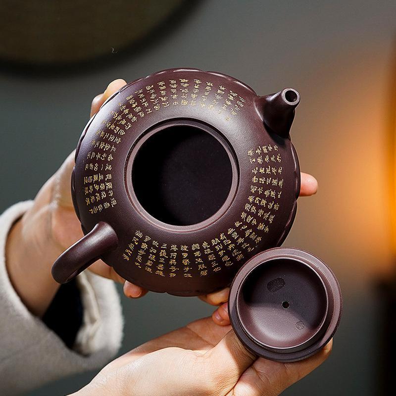 Handmade Yixing Teapot 410cc Purple Clay Zisha Pot Lotus Writing Buddha Tea Pot
