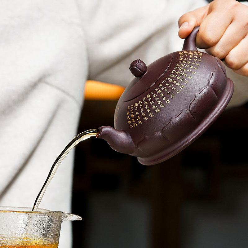 Handmade Yixing Teapot 410cc Purple Clay Zisha Pot Lotus Writing Buddha Tea Pot
