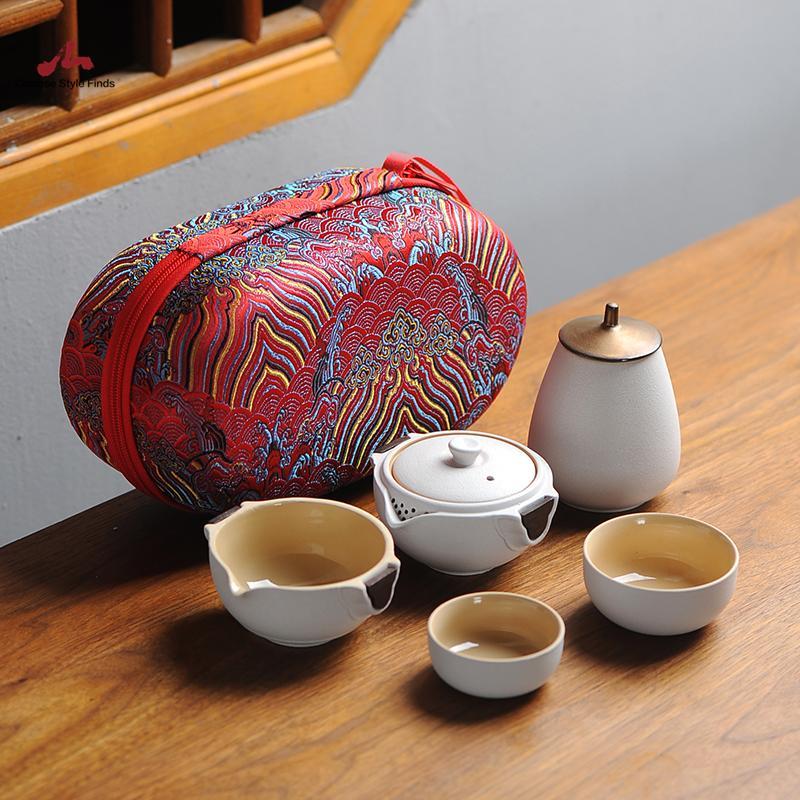 Travel Tea Set With 1 Ceramic Teapot And 3 Cups Quality Kungfu Tea Set For Two + Chinese Style Bag